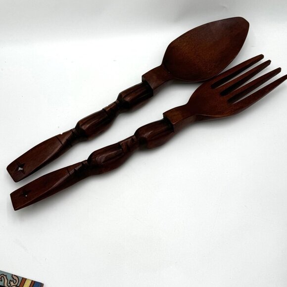 Unknown Other - Vintage Large 20" Hand Carved Wood Fork Spoon Dining Kitchen Wall Décor large ti